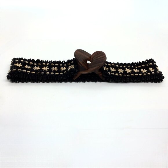 BOHO COCOCONUT BEAD Stretch Belt Wood Frangipani Buckle Black Cream main image 10